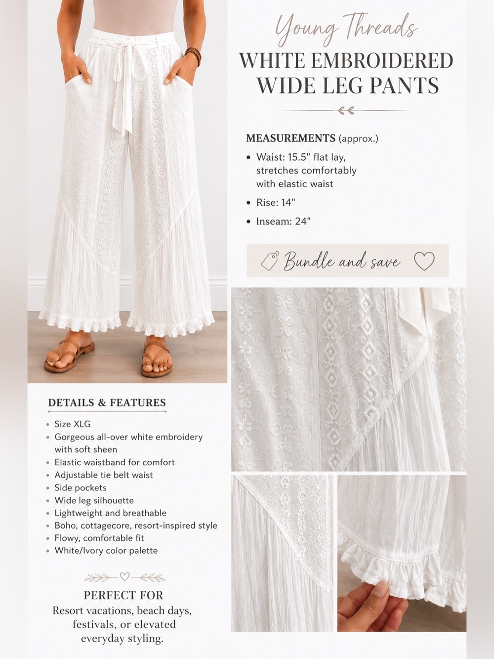 Young Threads White Embroidered Wide Leg Pants | Boho Cottagecore Resort XLG - Picture 8 of 8